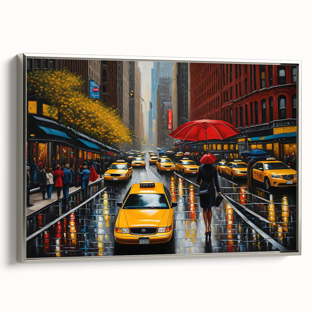 Landscape art painting of Manhattan skyline with colorful art accents on a black vintage poster styled framed canvas.