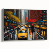 Landscape art painting of Manhattan skyline with colorful art accents on a black vintage poster styled framed canvas.