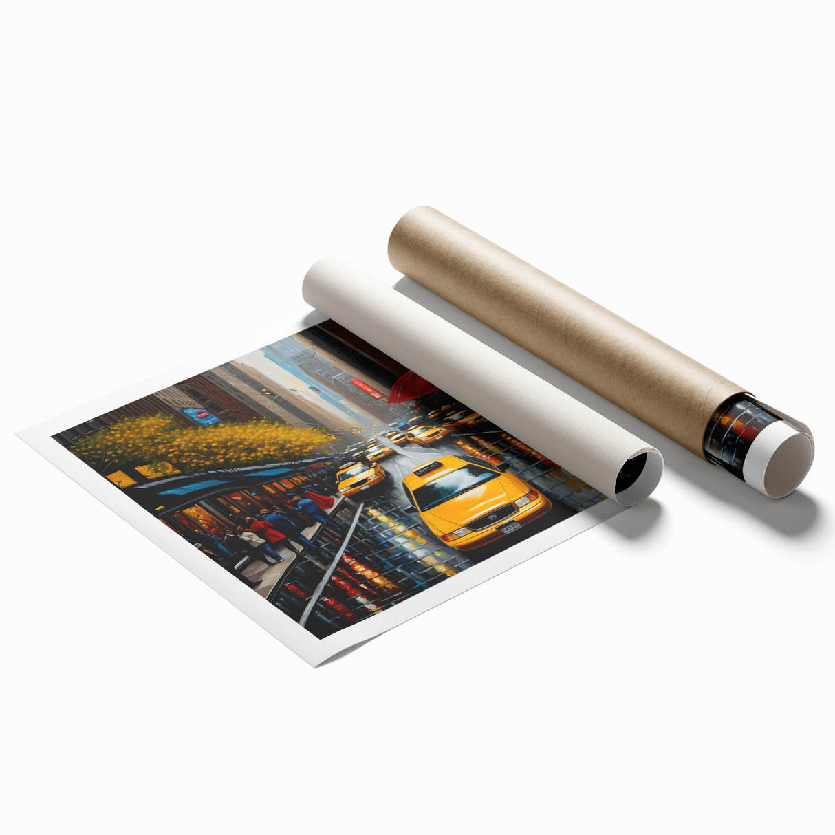Extra large wall art featuring the Manhattan skyline in muted gray and blue tones on a rolled canvas.