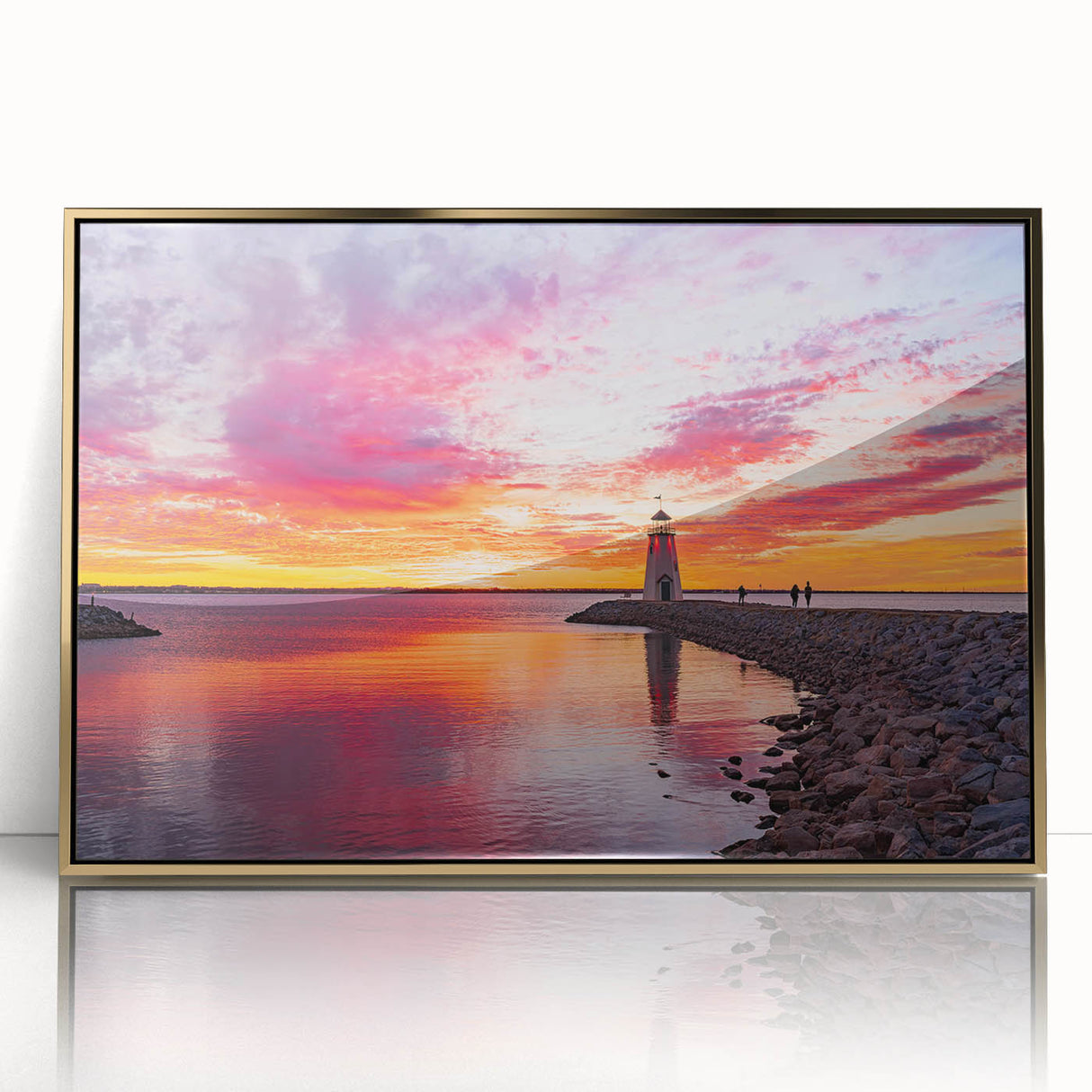 Mid-century modernist Oklahoma landscape in gold and blue tones on a framed acrylic, ideal for modern art wall decor.