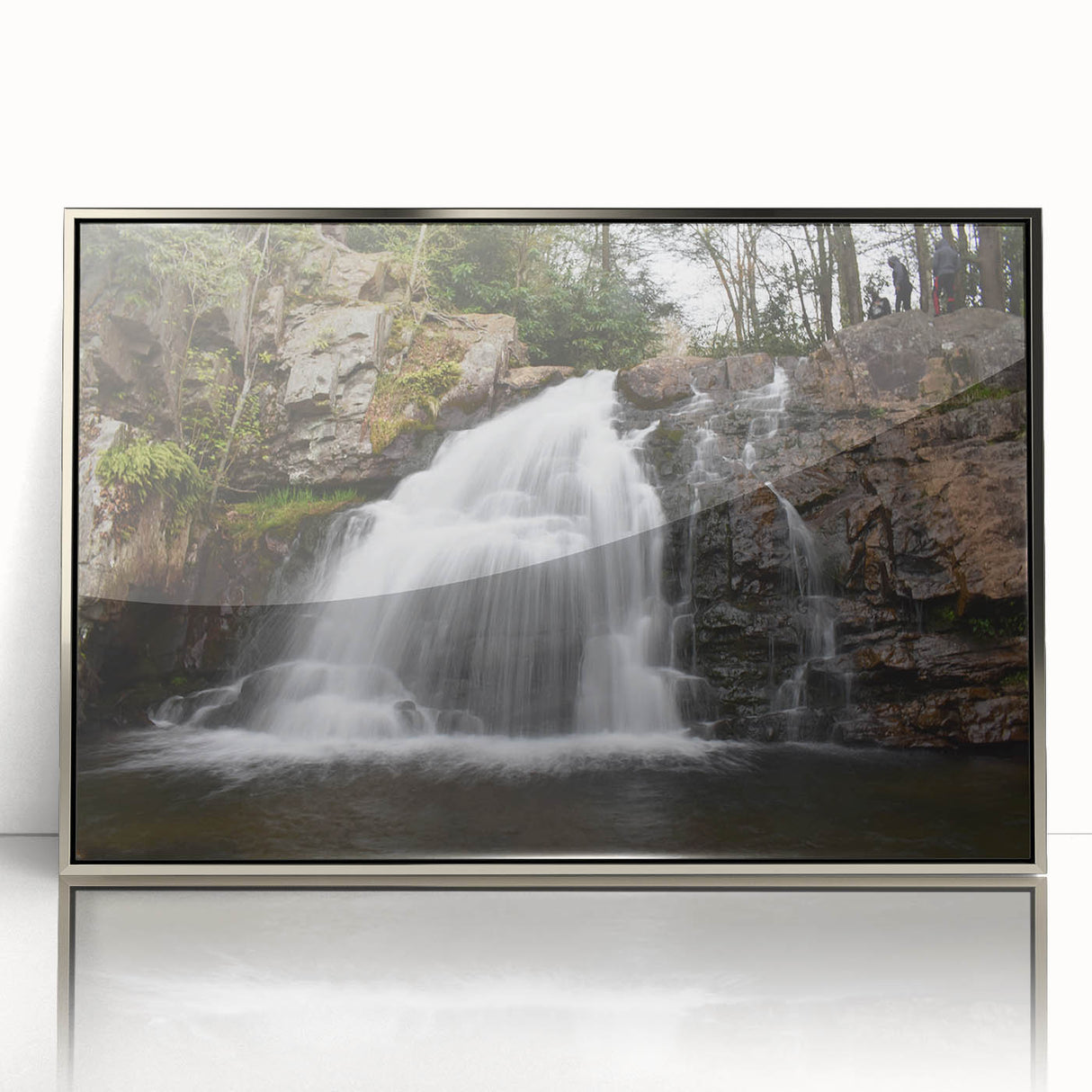 Mid-century modernist art depicting a serene Pennsylvania landscape in muted earth tones on a silver-framed acrylic print.