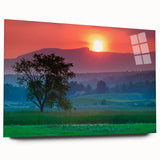 Large abstract depiction of Vermont scenery in muted green and blue tones on acrylic glass.