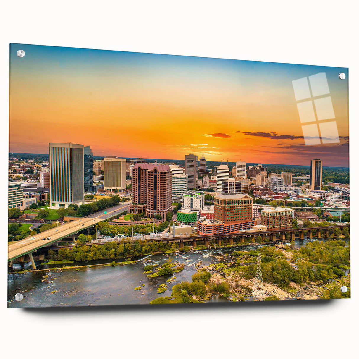 Acrylic glass print of a large abstract depiction of Virginia scenery in cool blue and green tones.