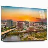 Acrylic glass print of a large abstract depiction of Virginia scenery in cool blue and green tones.