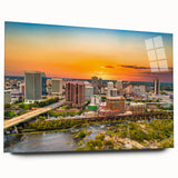 Large abstract wall art of Virginia scenery in muted earth tones on acrylic glass, ideal for bedroom or dining room decor.