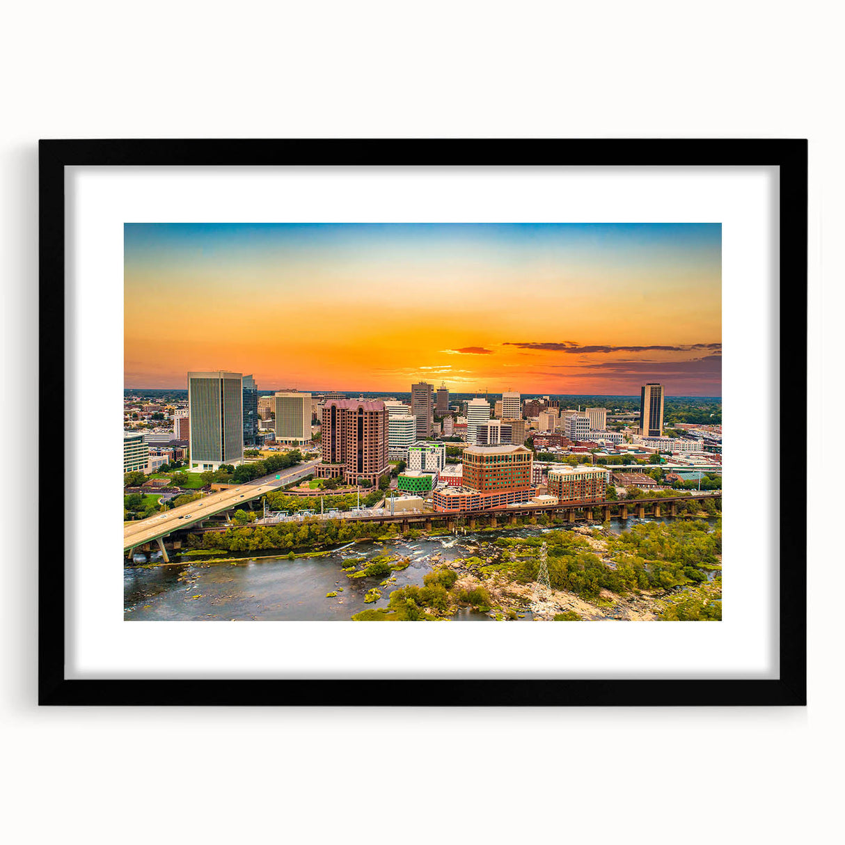 Extra large abstract art print depicting colorful, textured Virginia scenery on a black framed canvas.