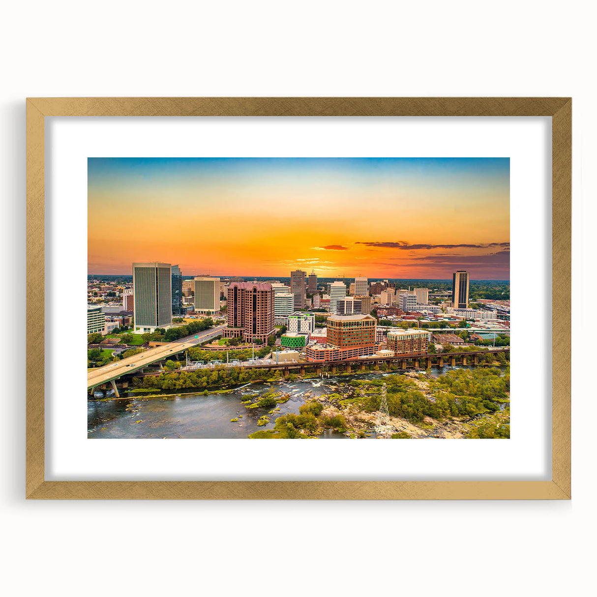 Extra large abstract art print of a textured Virginia scenery in muted earth tones, framed in gold.