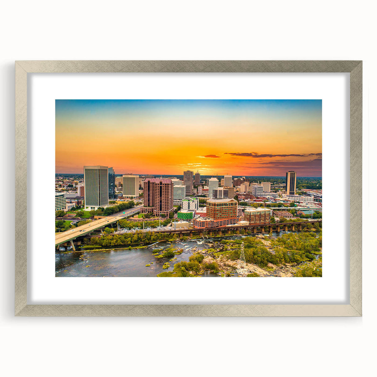 Textured abstract art print of Virginia scenery in muted earth tones, framed with a silver mat, suitable for bedroom decor.