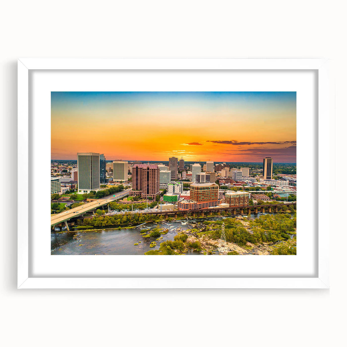 Abstract art print of a Virginia landscape in muted greens and blues on a framed white canvas.