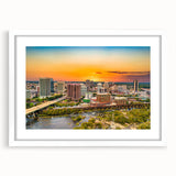 Abstract art print of a Virginia landscape in muted greens and blues on a framed white canvas.