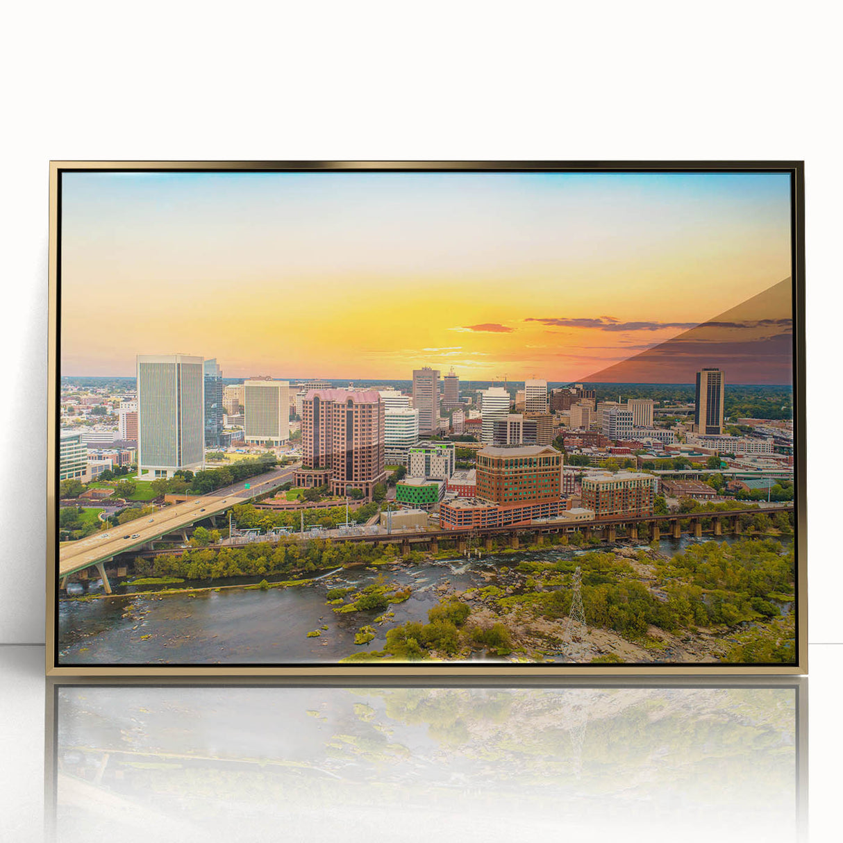 Framed acrylic print of a Virginia landscape in mid-century modernist style, with muted earth tones.