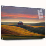 Acrylic print of the Palouse landscape in Washington, featuring rolling green hills and a clear sky.