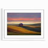 Abstract art print of Palouse, Washington in muted earth tones on a framed white mat, ideal for dining room decor.