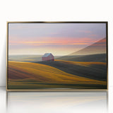 Framed acrylic print of Palouse, Washington landscape in gold tones, ideal for modern art wall decor.