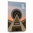 Acrylic print of Seattle skyline in muted gray and blue tones, suitable for modern bedroom or dining room decor.
