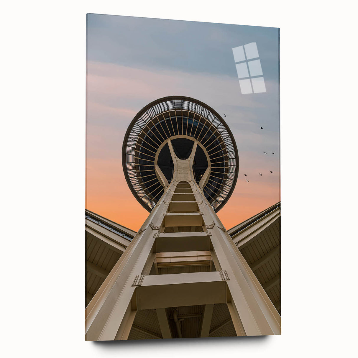 Acrylic print of a large abstract depiction of Seattle's skyline in cool blue and gray tones.