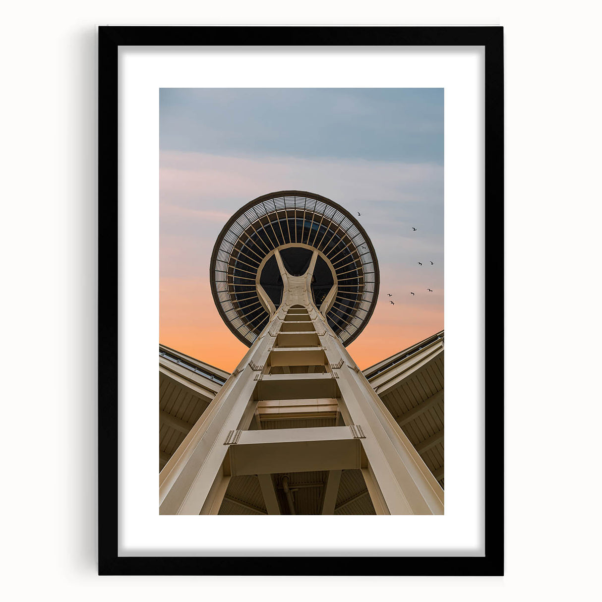 Extra large abstract art print of Seattle skyline in vibrant colors on textured canvas, framed in black.