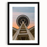 Extra large abstract art print of Seattle skyline in vibrant colors on textured canvas, framed in black.