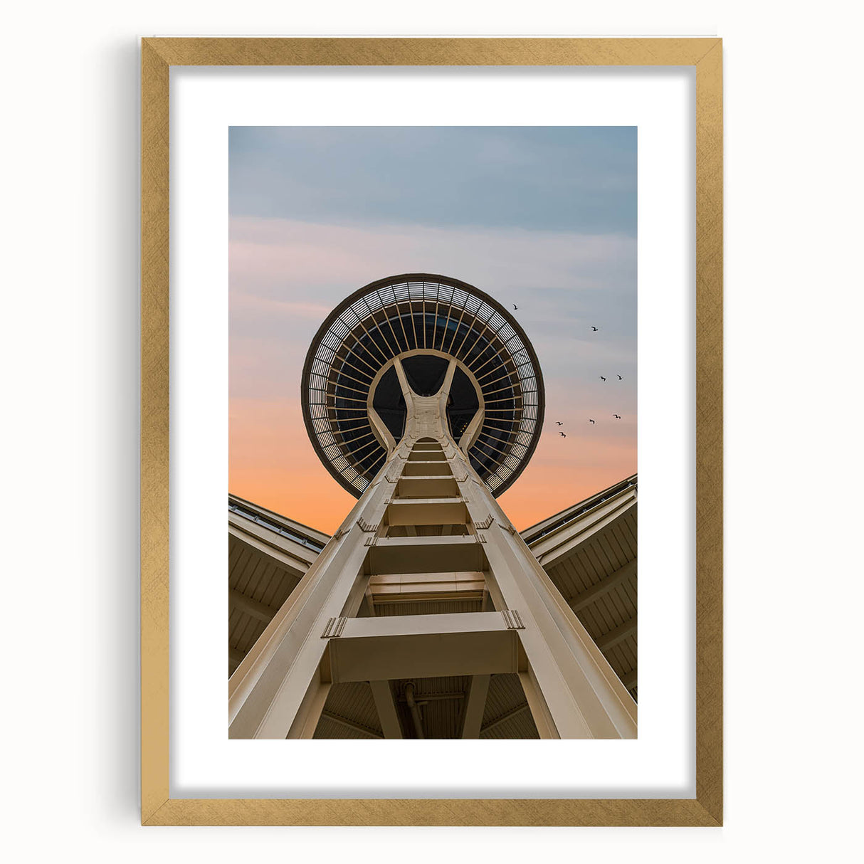 Extra large abstract art print of Seattle skyline in textured gold frame, ideal for living room decor.