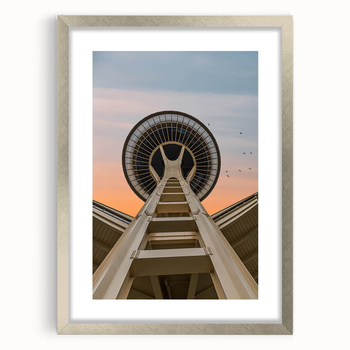 Textured abstract art print of Seattle skyline in muted gray tones on a framed canvas, suitable for bedroom decor.