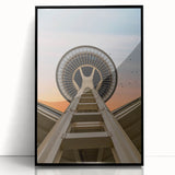 Large abstract wall art depicting Seattle's skyline in muted gray and blue tones on a framed acrylic panel.