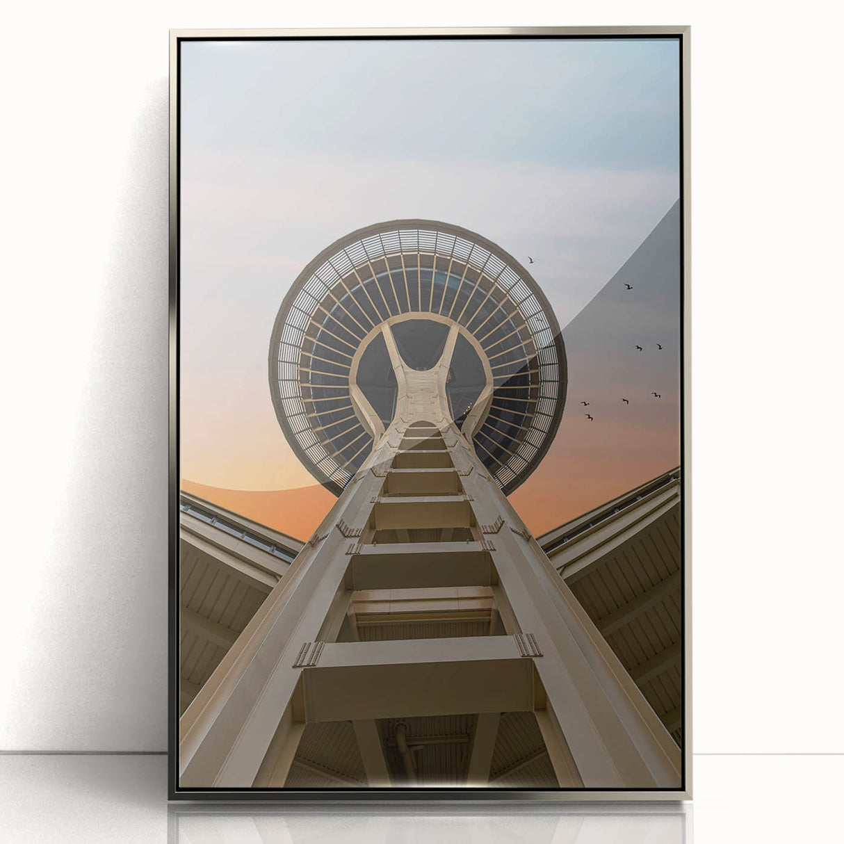 Mid-century modernist art of Seattle skyline in muted gray, acrylic print framed in silver, suitable for nursery wall art.