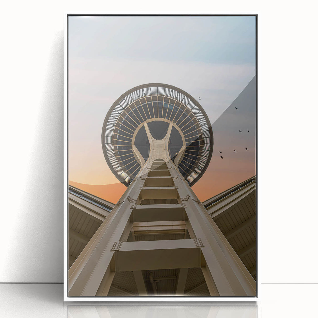 Acrylic print of Seattle skyline in art deco style with muted gray and blue tones, ideal for modern art wall decor.