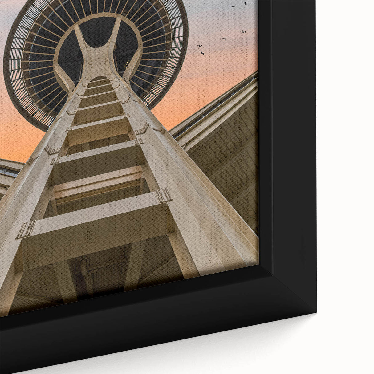 Extra large framed canvas of a textured Seattle skyline in black with colorful accents, ideal for living room decor.