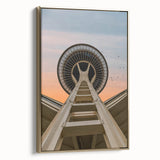 Framed canvas wall art of Seattle landscape, featuring a vintage poster style in black and gold tones.