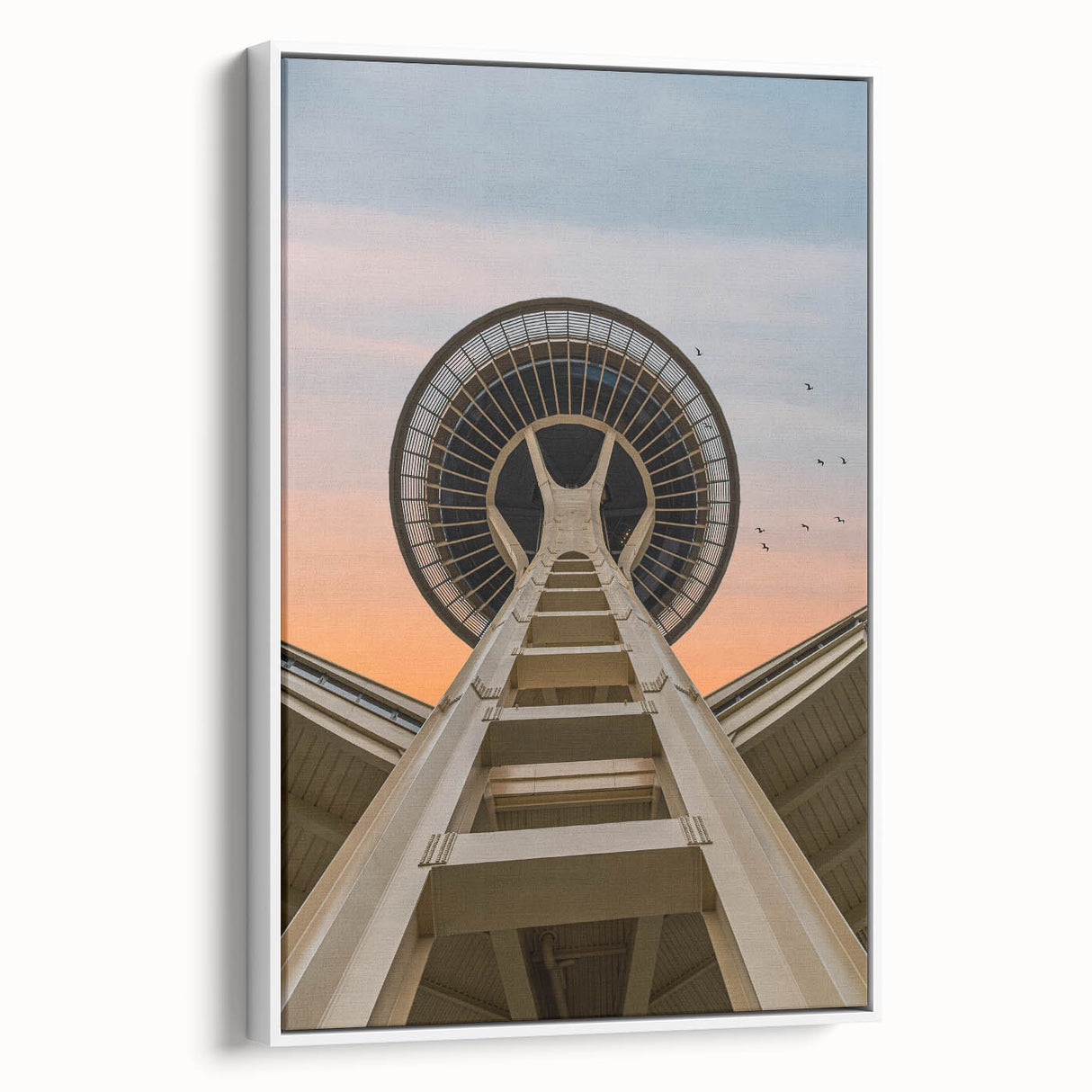 Vintage poster art of Seattle skyline in colorful hues on a large framed canvas, suitable for living room decor.