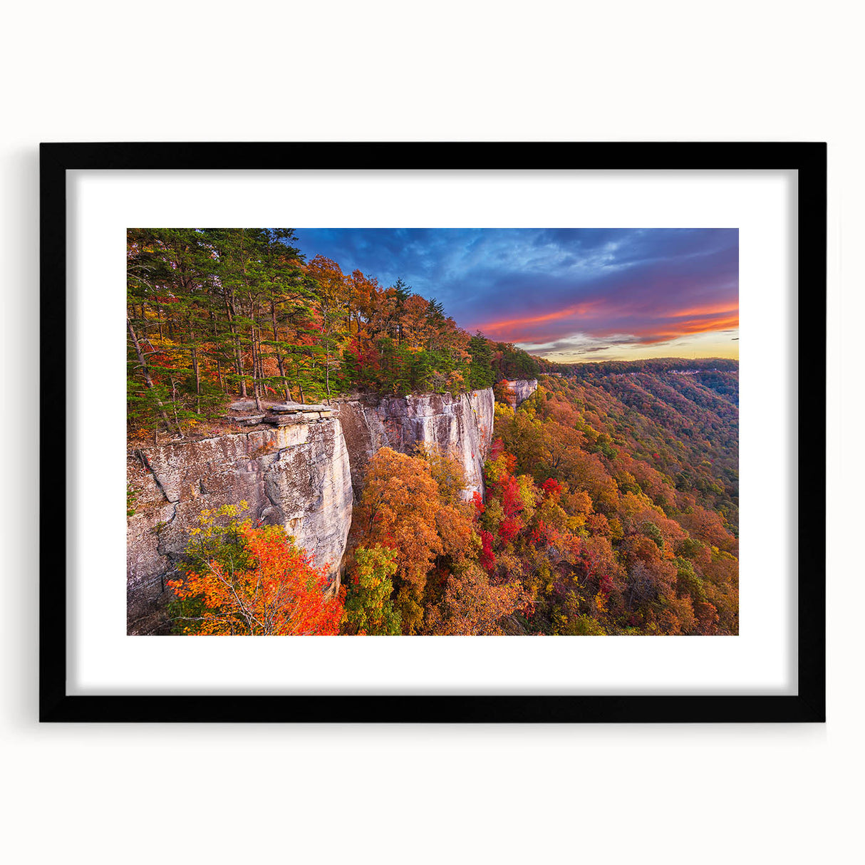 Abstract art print of West Virginia scenery in vibrant colors on a textured, extra large canvas, framed in black.
