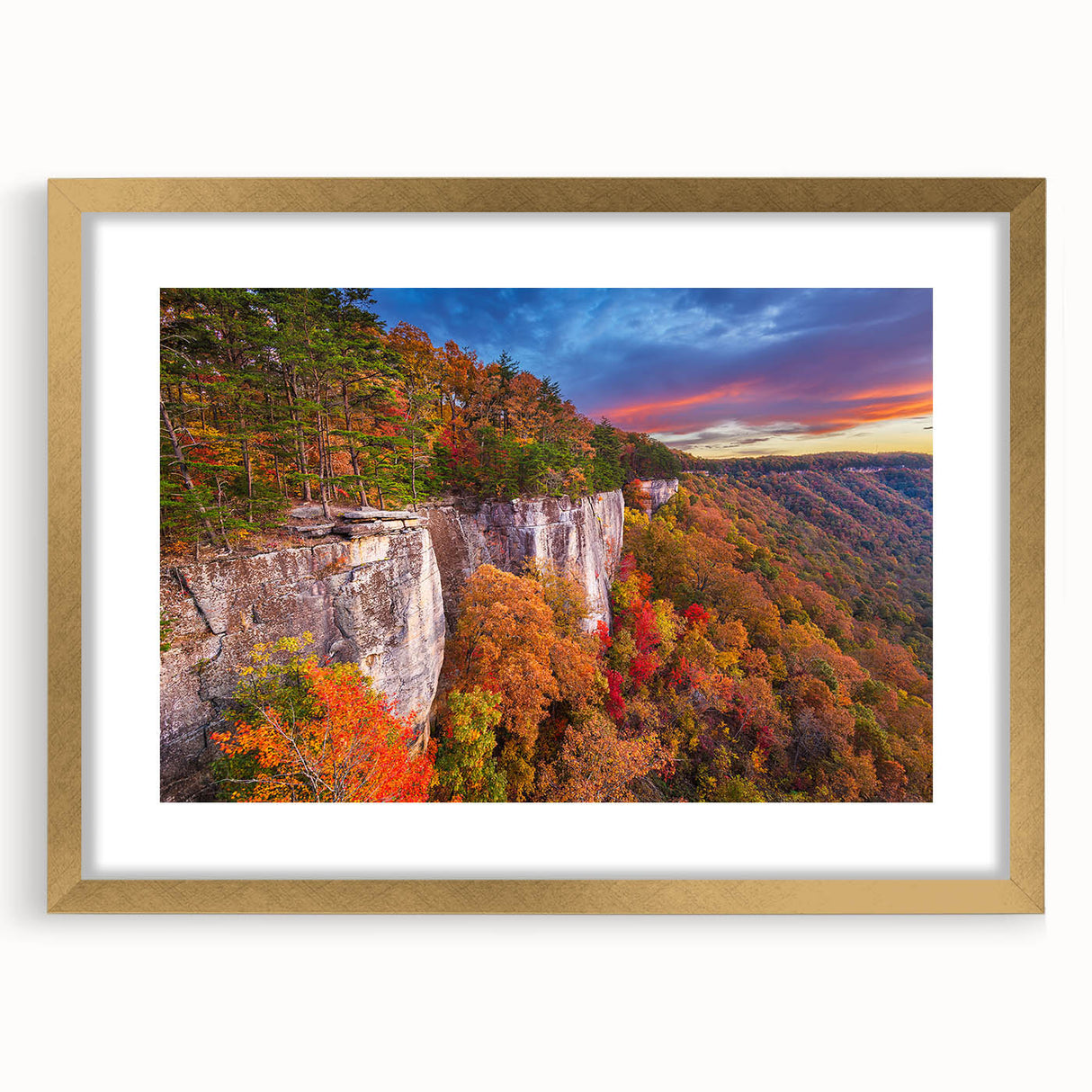 Extra large abstract art print depicting a textured West Virginia landscape in muted earth tones, framed in gold.