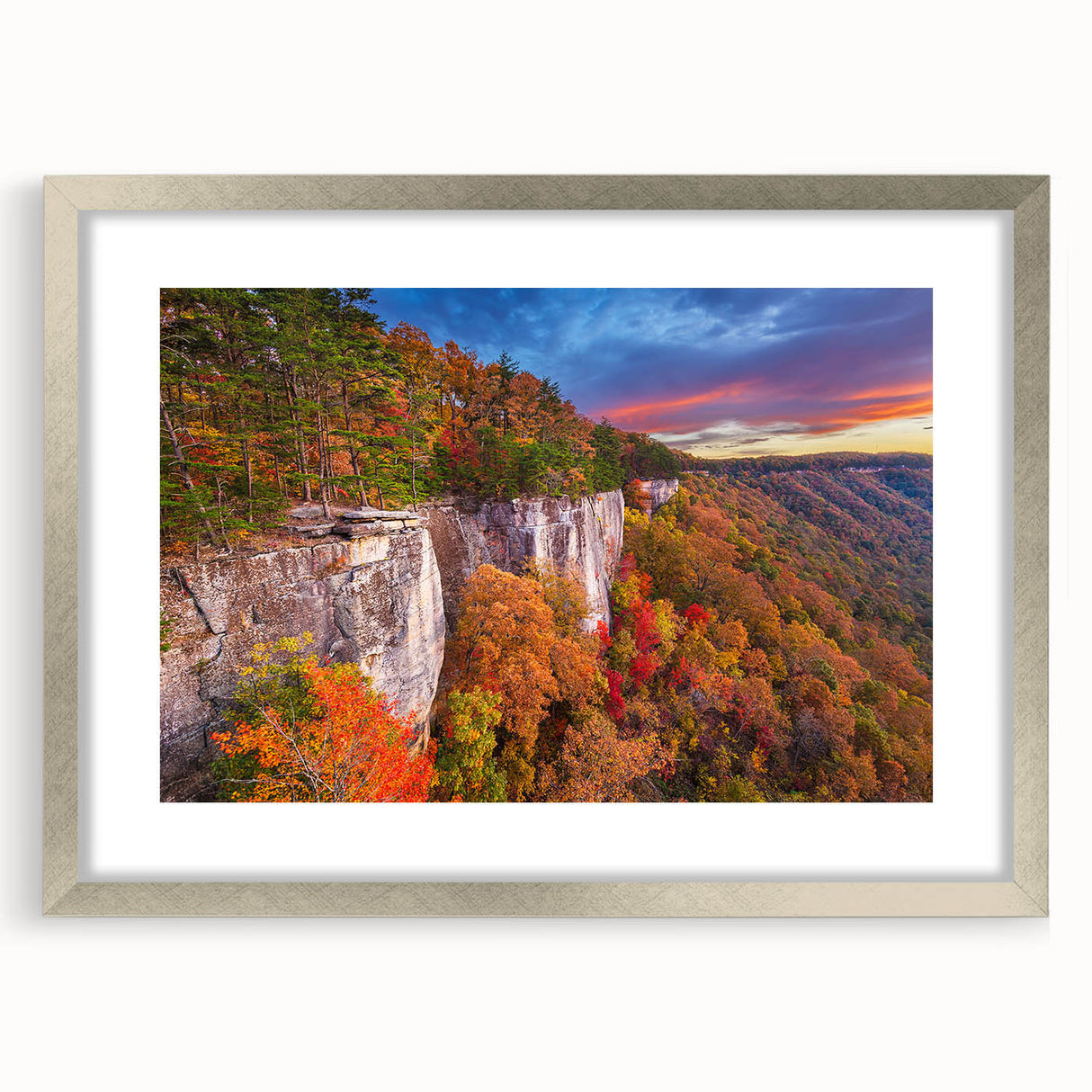 Textured abstract art print of West Virginia scenery in muted earth tones, framed in silver, ideal for bedroom wall decor.