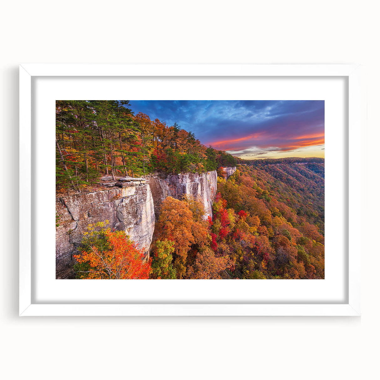 Abstract art print of West Virginia scenery in muted green and blue tones, framed with a white mat.
