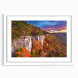 Abstract art print of West Virginia scenery in muted green and blue tones, framed with a white mat.