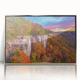 Large art print of West Virginia scenery in muted earth tones on a silver-framed acrylic, suitable for modern art wall decor.