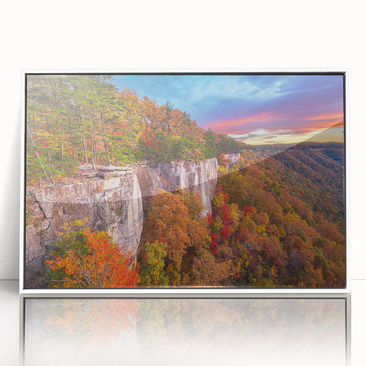 Art deco poster of West Virginia scenery in muted blues and greens on framed acrylic, ideal for modern nursery wall art.