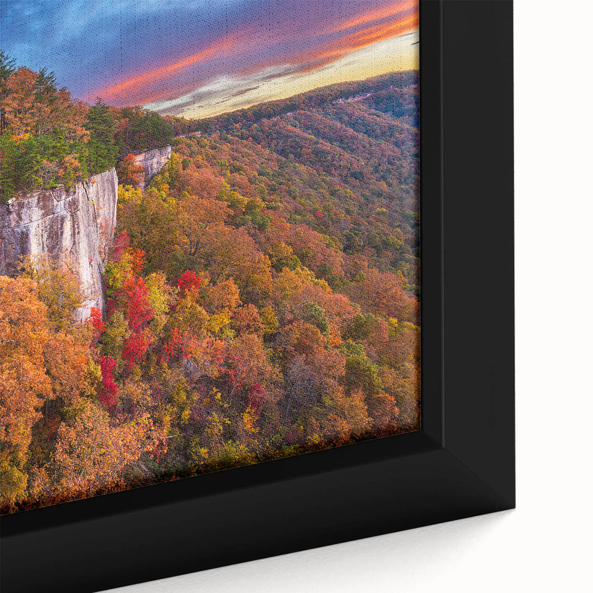 Textured black wall art depicting a West Virginia scenery in vibrant colors on a framed canvas, ideal for living room decor.