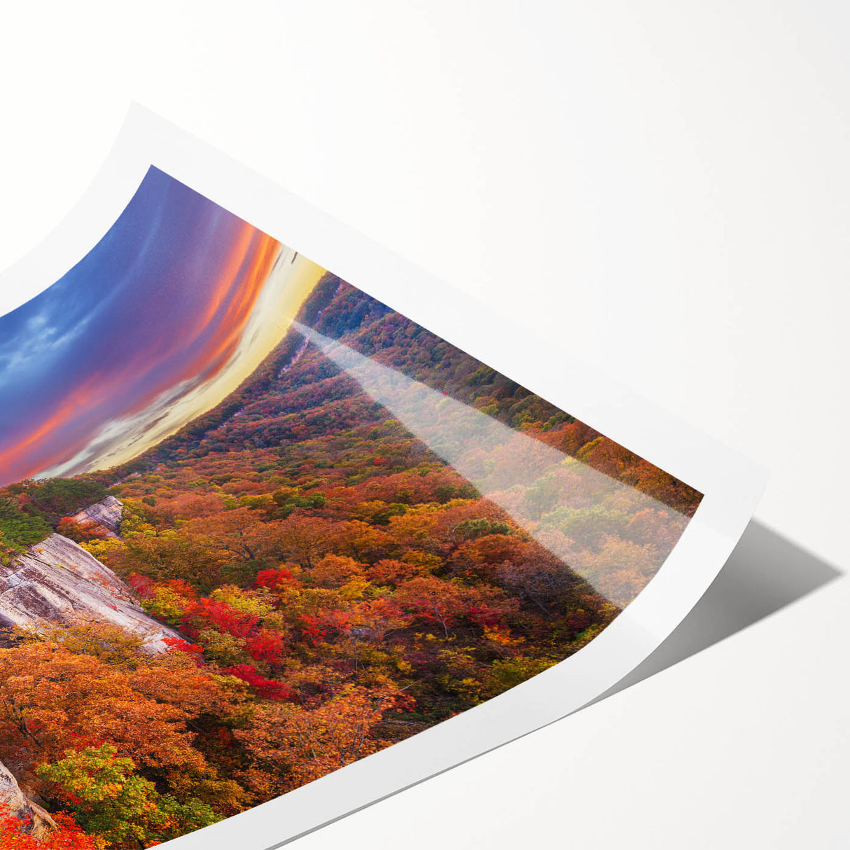 Rolled print of West Virginia scenery with floral accents in soft green and blue tones, ideal for classy bathroom wall art.