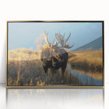 Acrylic print of Yellowstone scenery with warm gold and green tones, framed, in mid-century modernist style.