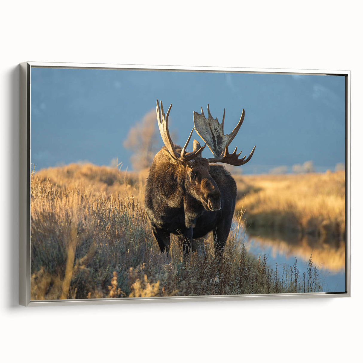 Landscape art painting of Yellowstone on framed canvas, featuring muted earth tones and a vintage poster style.