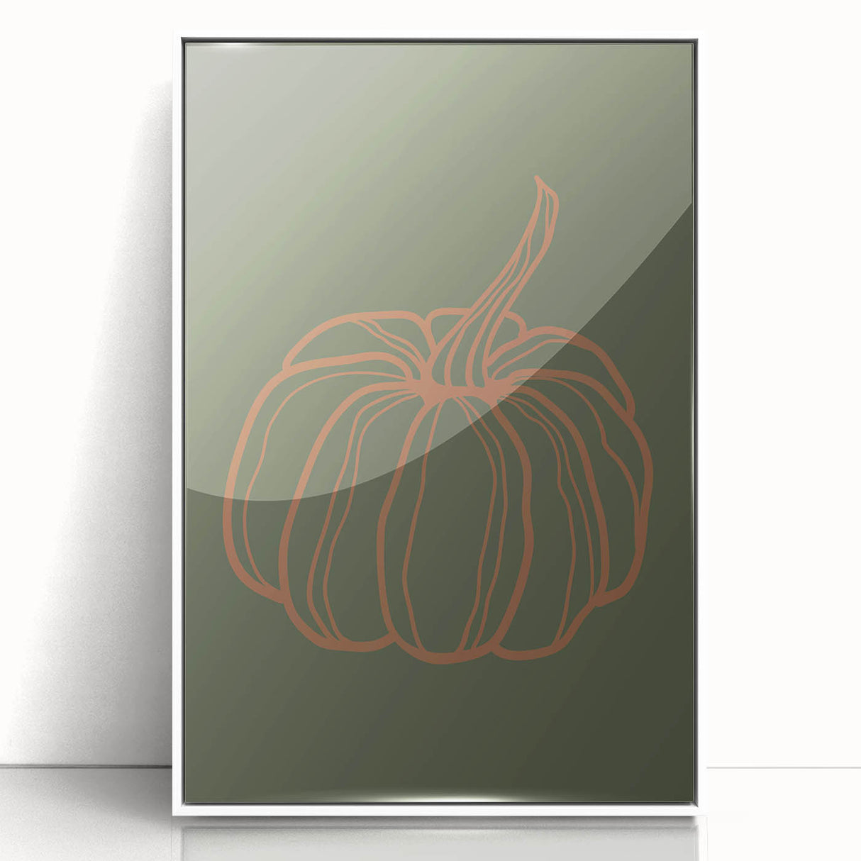 Art deco poster featuring an abstract fall scene in muted orange and brown tones on a white framed acrylic.