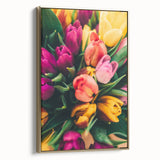 Framed canvas depicting a vintage-style landscape painting with spring motifs in gold and black tones.