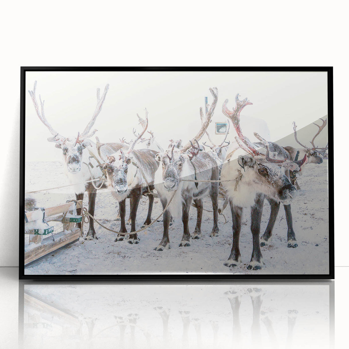 Large abstract wall art depicting a winter scene in cool blue and white tones, framed in black acrylic.