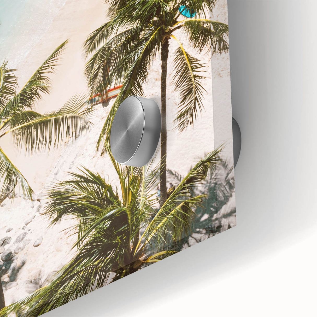 Large abstract wall art in mid-century modernist style with vibrant hues on acrylic glass, ideal for dining room ambiance.
