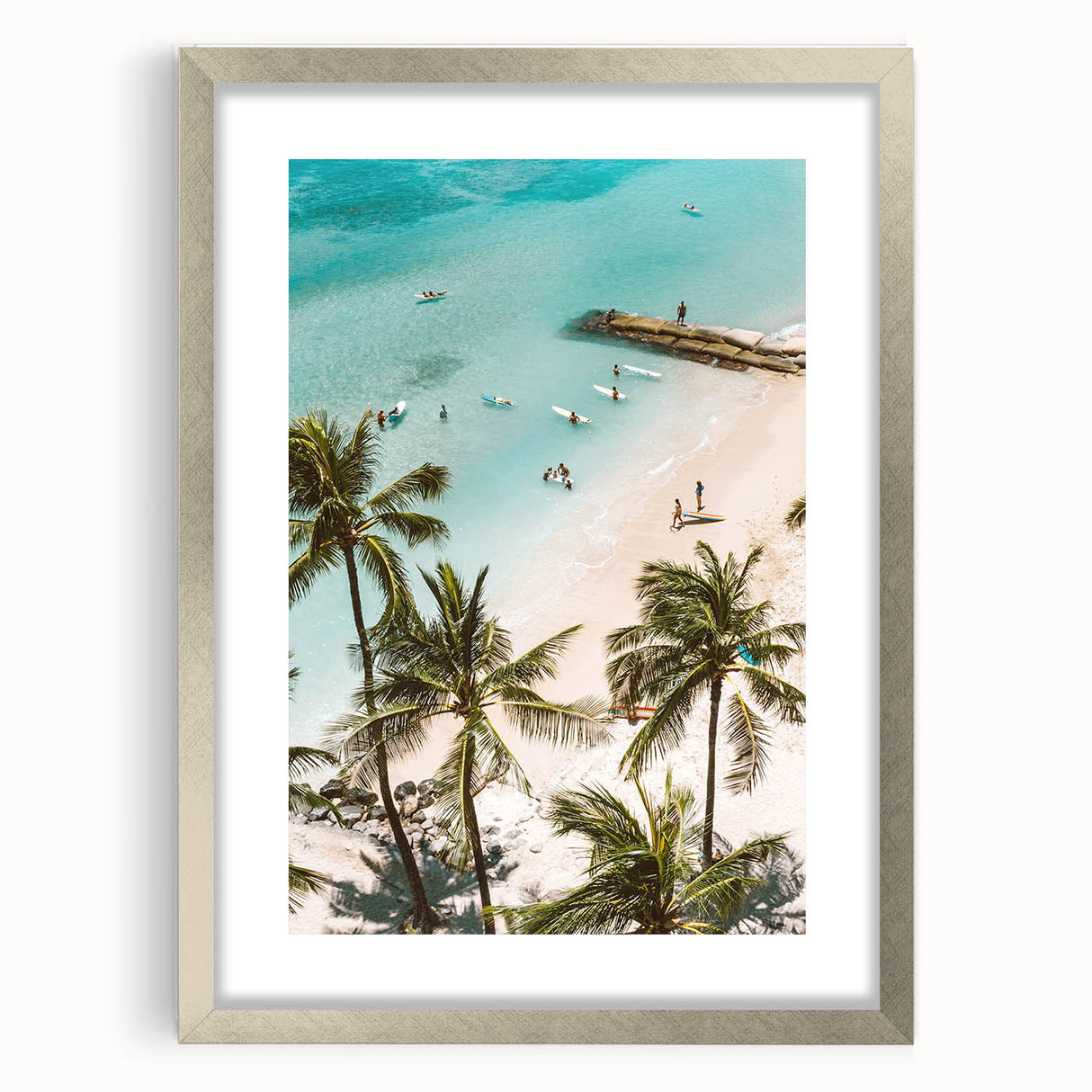 Textured abstract art print in muted gray and blue tones, framed in silver, ideal for modern bedroom ambiance.