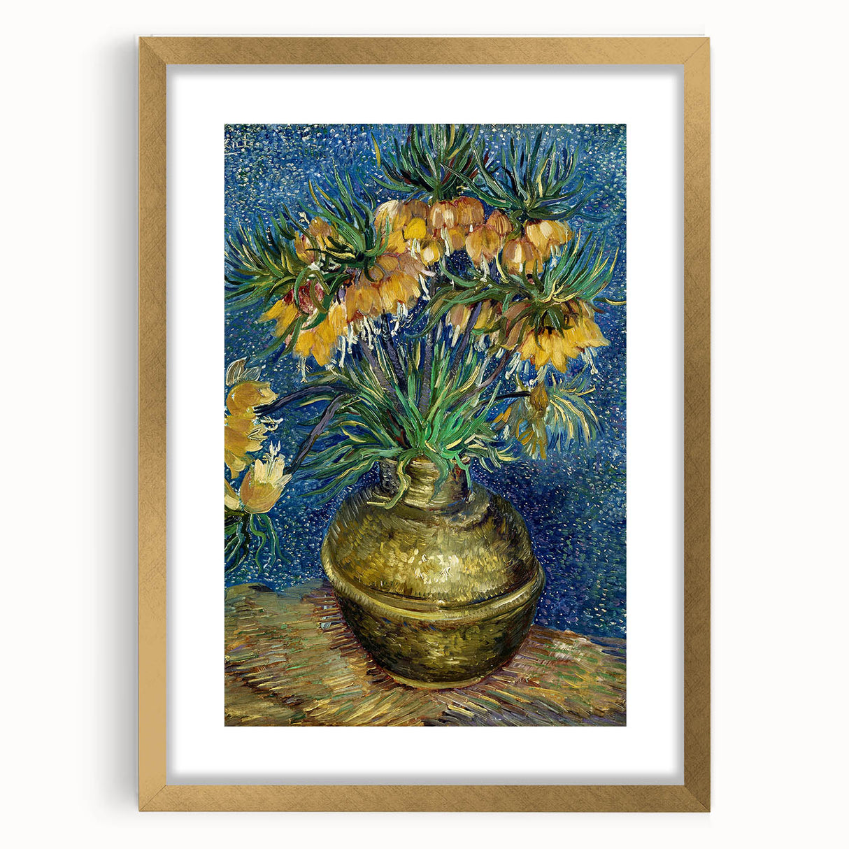 Extra large abstract art print with textured blue and yellow swirls on a framed canvas, ideal for living room decor.