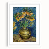 Abstract art print featuring swirling blue and yellow tones on a white framed canvas.