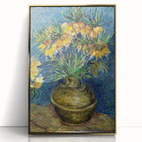 Mid-century modernist art of a starry night in acrylic, with vibrant blue and yellow tones, framed in gold.