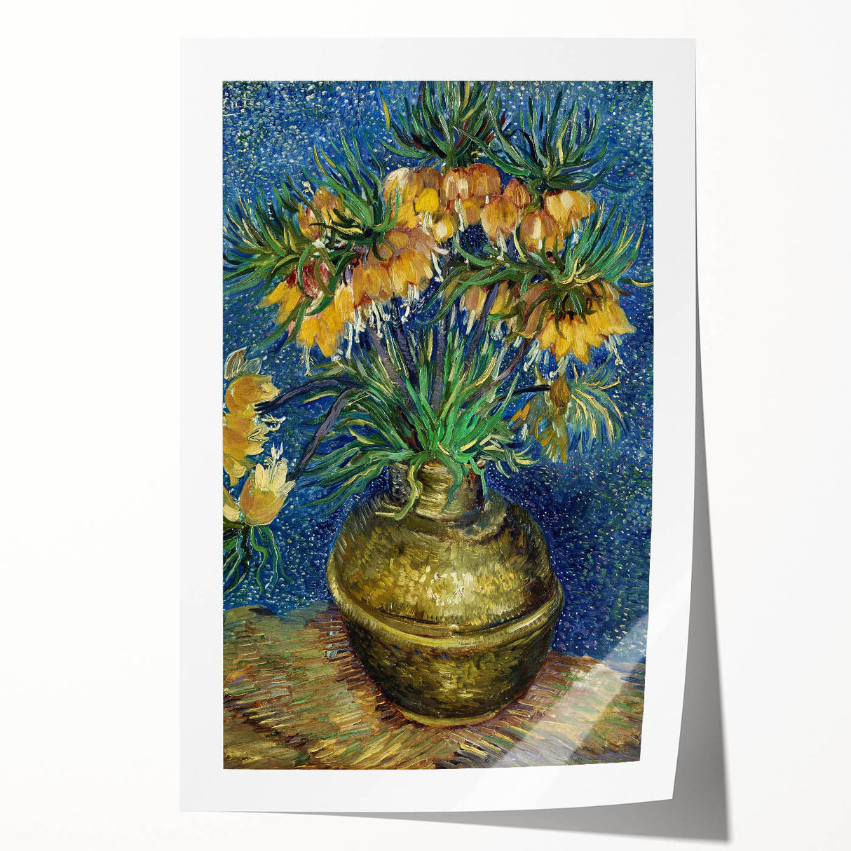 Vincent van Gogh inspired floral print on rolled canvas, featuring vibrant blues and yellows.
